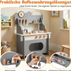 Kinder Spielküche mit Komplettem Zubehör Puppenkühe mit Uhr & Herd & Gewürzregal Grau