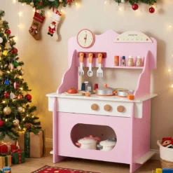 Kinder Spielküche mit Komplettem Zubehör Puppenkühe mit Uhr & Herd & Gewürzregal Rosa