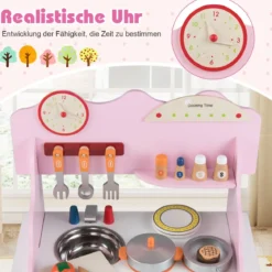 Kinder Spielküche mit Komplettem Zubehör Puppenkühe mit Uhr & Herd & Gewürzregal Rosa
