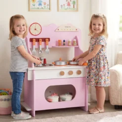 Kinder Spielküche mit Komplettem Zubehör Puppenkühe mit Uhr & Herd & Gewürzregal Rosa