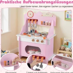 Kinder Spielküche mit Komplettem Zubehör Puppenkühe mit Uhr & Herd & Gewürzregal Rosa