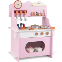 Kinder Spielküche mit Komplettem Zubehör Puppenkühe mit Uhr & Herd & Gewürzregal Rosa