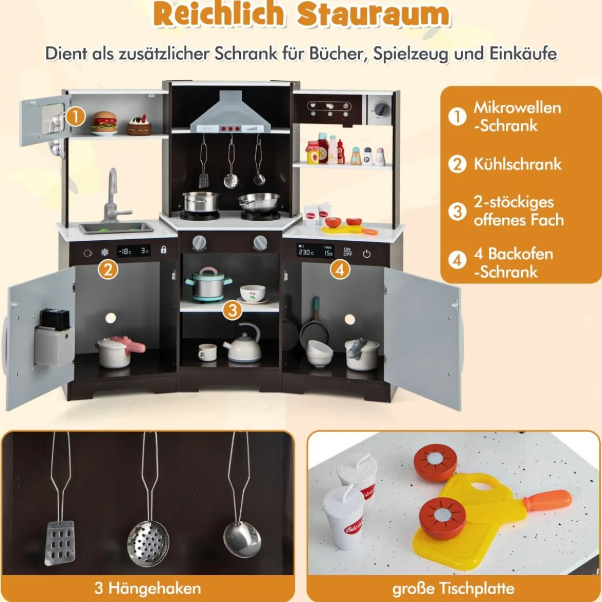 Kinder Spielküche mit Realistischen Geräuschen & Lichtern Holzspielzeugset kochspielzeug