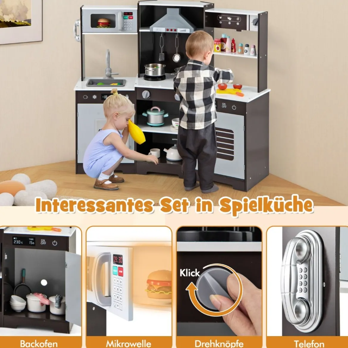Kinder Spielküche mit Realistischen Geräuschen & Lichtern Holzspielzeugset kochspielzeug