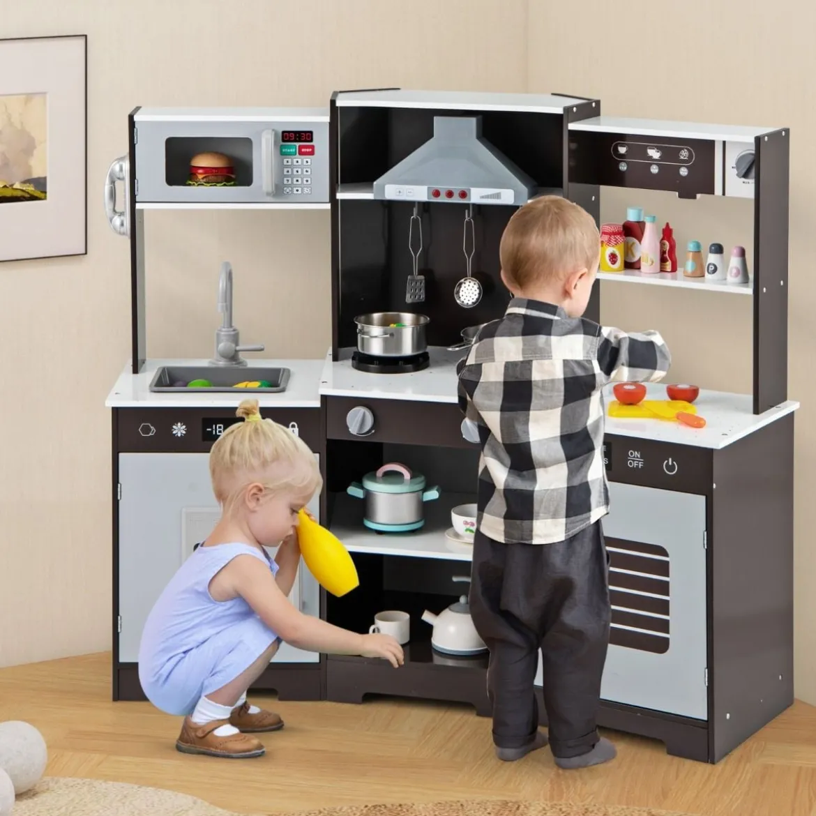 Kinder Spielküche mit Realistischen Geräuschen & Lichtern Holzspielzeugset kochspielzeug