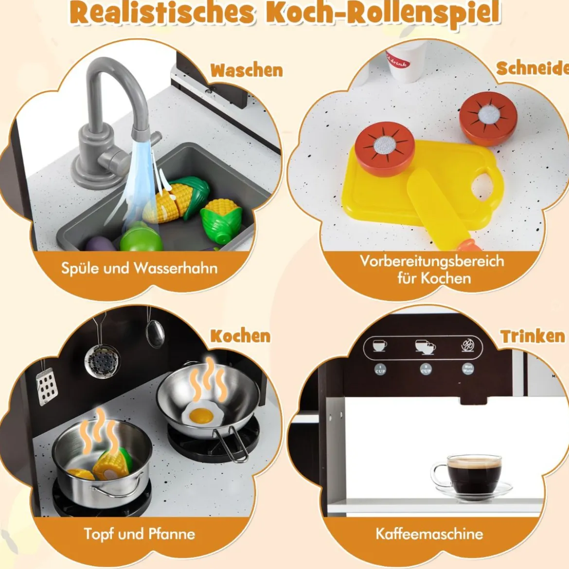 Kinder Spielküche mit Realistischen Geräuschen & Lichtern Holzspielzeugset kochspielzeug