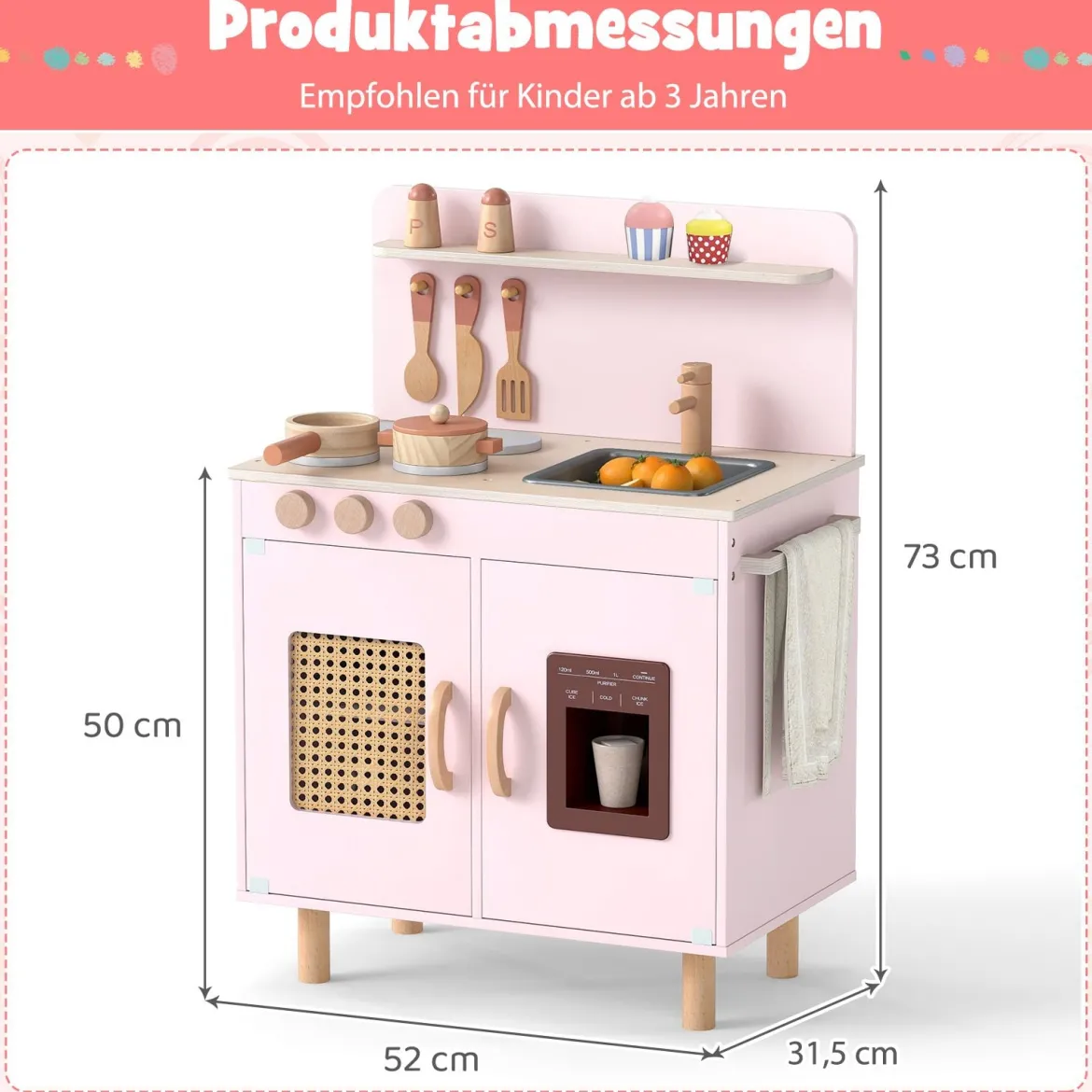 Kinder Spielküche mit Stauraum & Licht & Sound & Realistischem Eismaschine Holzküche Rosa