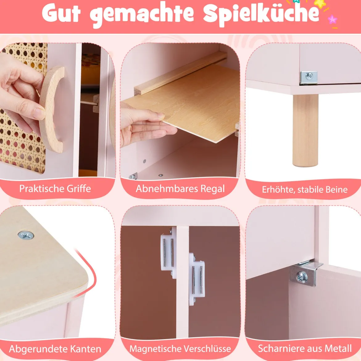 Kinder Spielküche mit Stauraum & Licht & Sound & Realistischem Eismaschine Holzküche Rosa