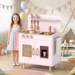 Kinder Spielküche mit Stauraum & Licht & Sound & Realistischem Eismaschine Holzküche Rosa
