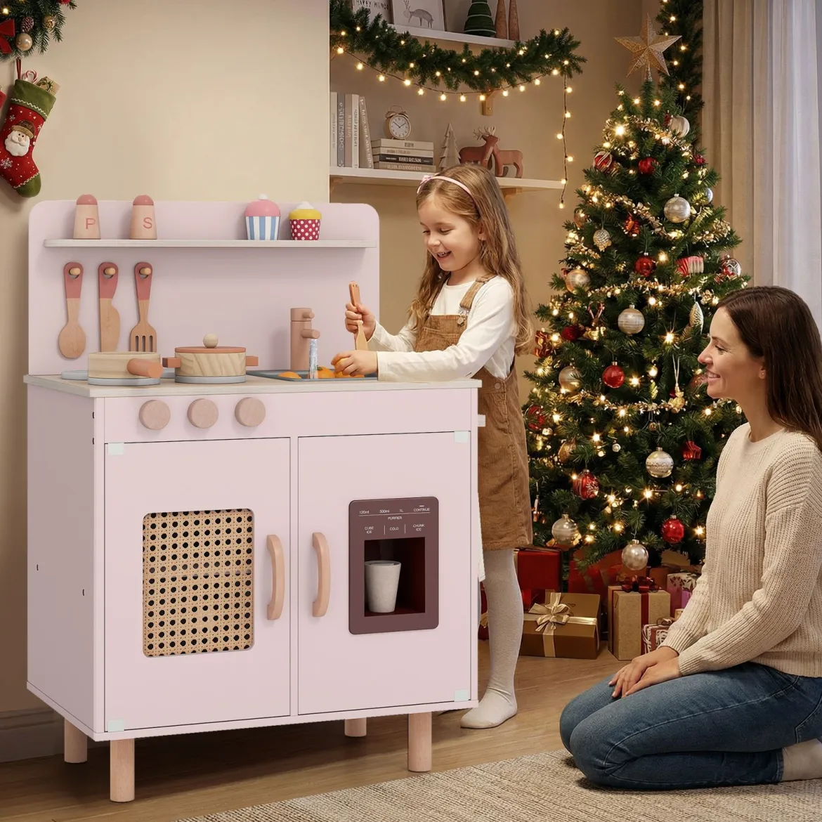 Kinder Spielküche mit Stauraum & Licht & Sound & Realistischem Eismaschine Holzküche Rosa