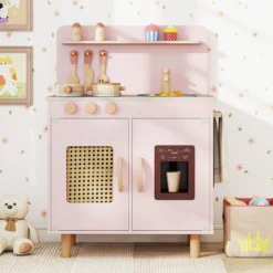 Kinder Spielküche mit Stauraum & Licht & Sound & Realistischem Eismaschine Holzküche Rosa