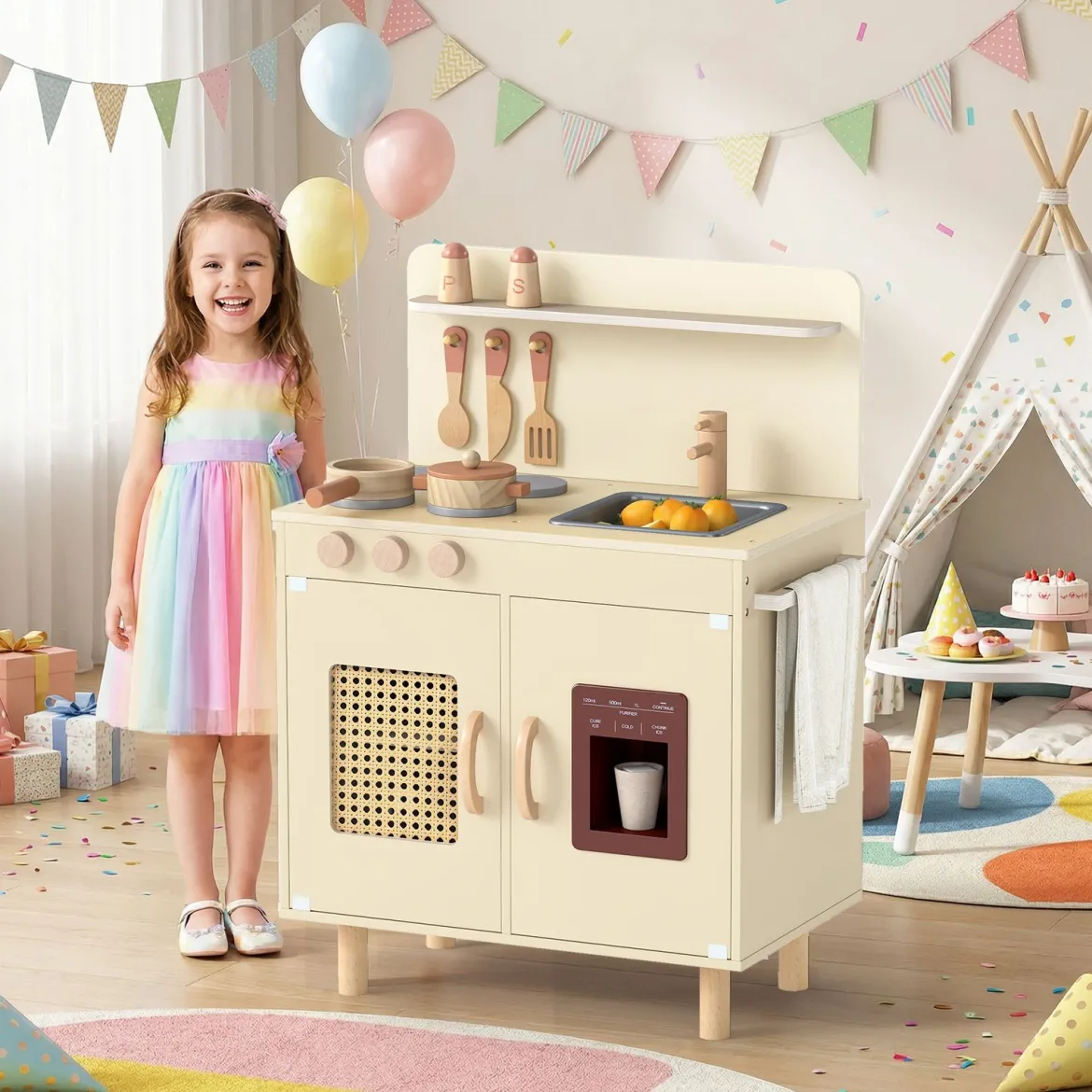 Kinder Spielküche mit Stauraum & Licht & Sound & Realistischem Eismaschine Holzküche Gelb