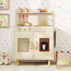 Kinder Spielküche mit Stauraum & Licht & Sound & Realistischem Eismaschine Holzküche Gelb