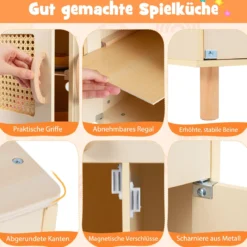 Kinder Spielküche mit Stauraum & Licht & Sound & Realistischem Eismaschine Holzküche Gelb