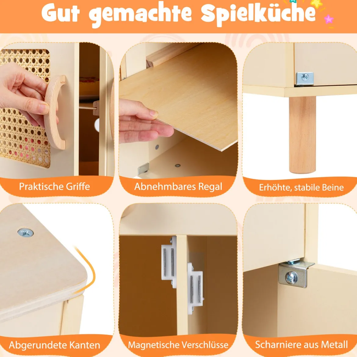 Kinder Spielküche mit Stauraum & Licht & Sound & Realistischem Eismaschine Holzküche Gelb