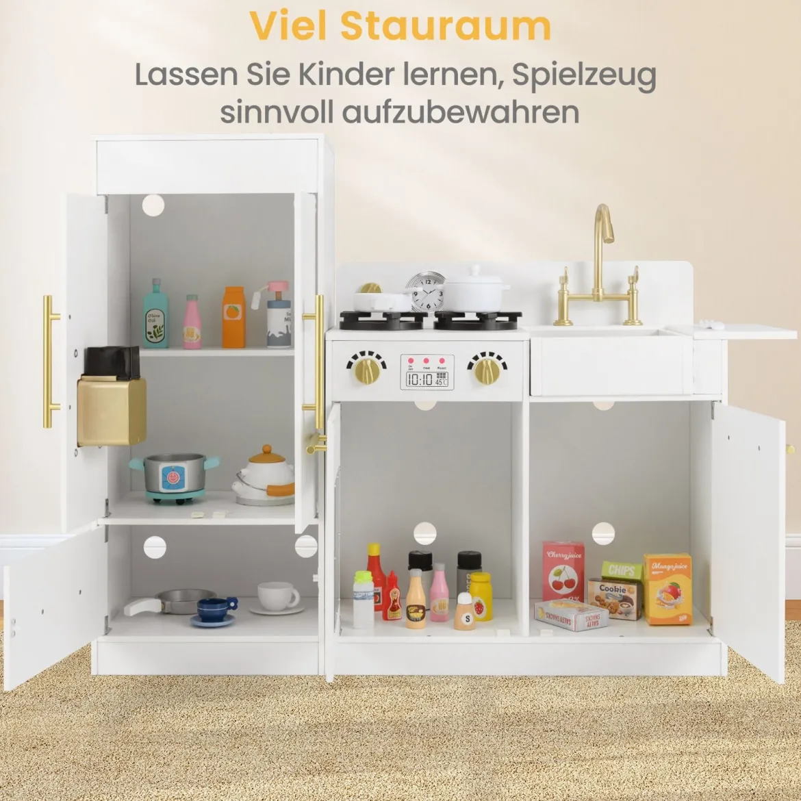 Kinder Spielküchen-Set mit Spüle & Eisbereiter & Spüle Holzspielzeug-Küchenset Weiß