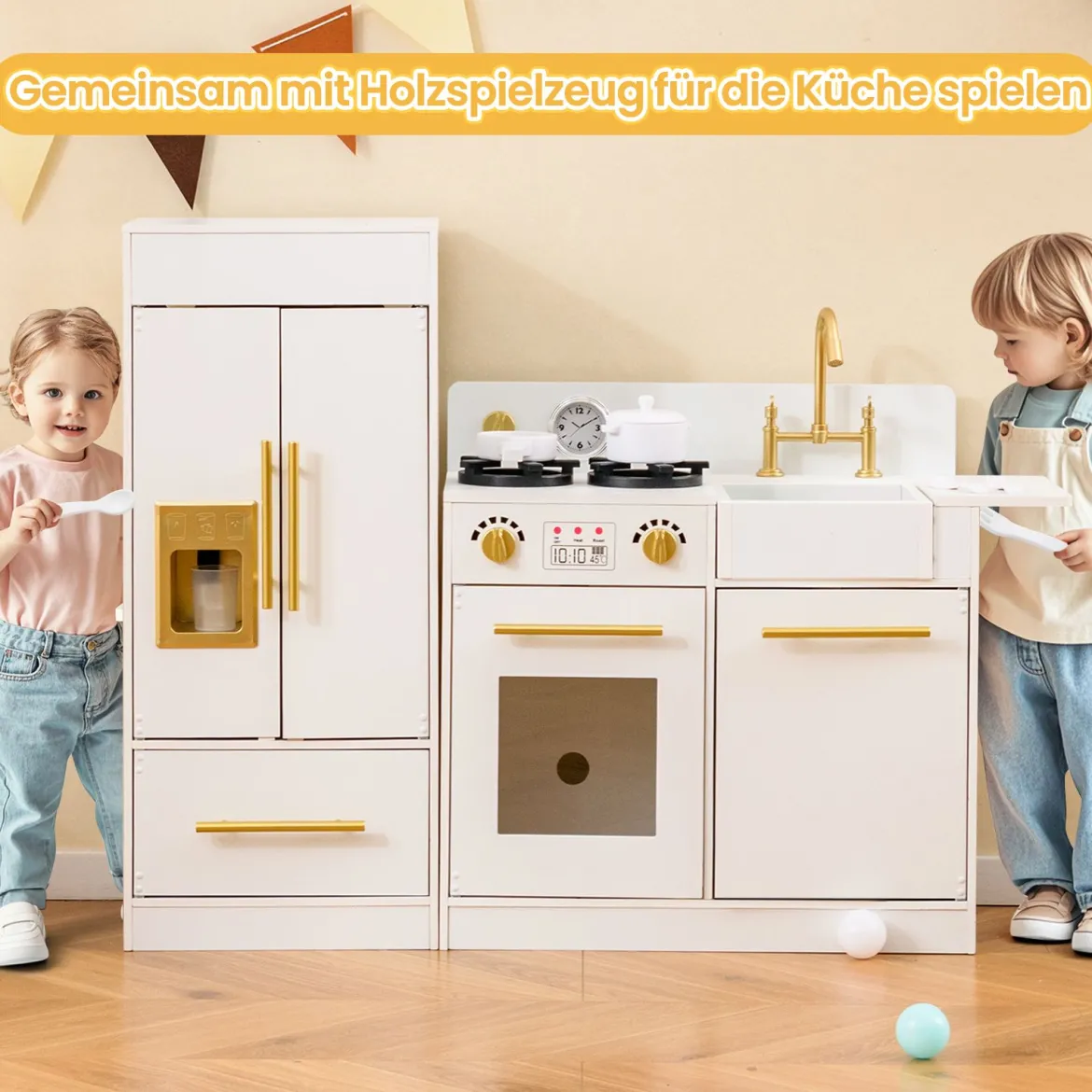 Kinder Spielküchen-Set mit Spüle & Eisbereiter & Spüle Holzspielzeug-Küchenset Weiß