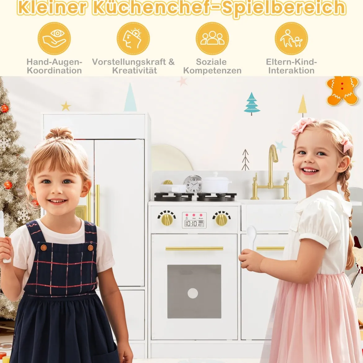 Kinder Spielküchen-Set mit Spüle & Eisbereiter & Spüle Holzspielzeug-Küchenset Weiß