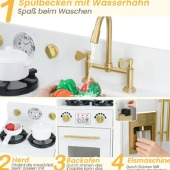 Kinder Spielküchen-Set mit Spüle & Eisbereiter & Spüle Holzspielzeug-Küchenset Weiß