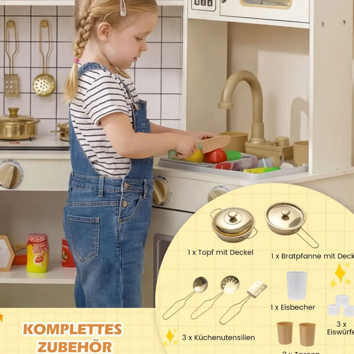 Kinder-Spielküche Spielküchenecke mit Eisspender Herd Ofen Mikrowelle Geschirrspüler Beige