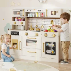 Kinder-Spielküche Spielzeug-Küchenset zum Nachspielen mit Herd Licht Sound Beige