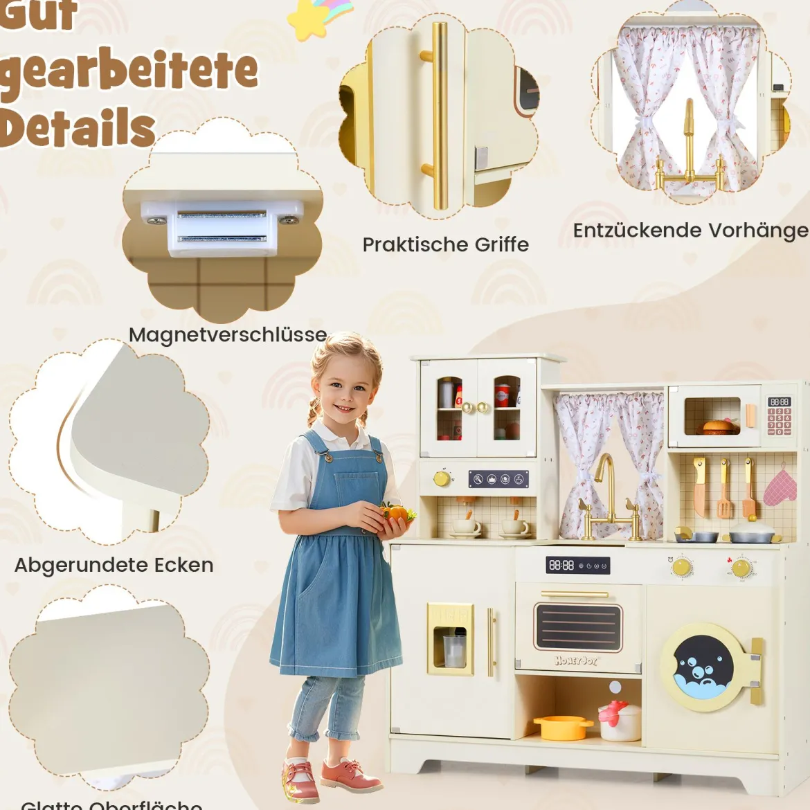 Kinder Spielküche Spielzeugküche mit Herdplatten Wasserhahn Spüle Kaffeemaschine Beige