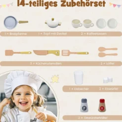 Kinder Spielküche Spielzeugküche mit Herdplatten Wasserhahn Spüle Kaffeemaschine Beige