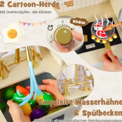 Kinder Spielküche Spielzeugküche mit Herdplatten Wasserhahn Spüle Kaffeemaschine Beige
