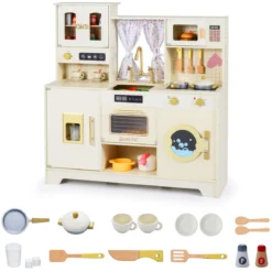 Kinder Spielküche Spielzeugküche mit Herdplatten Wasserhahn Spüle Kaffeemaschine Beige