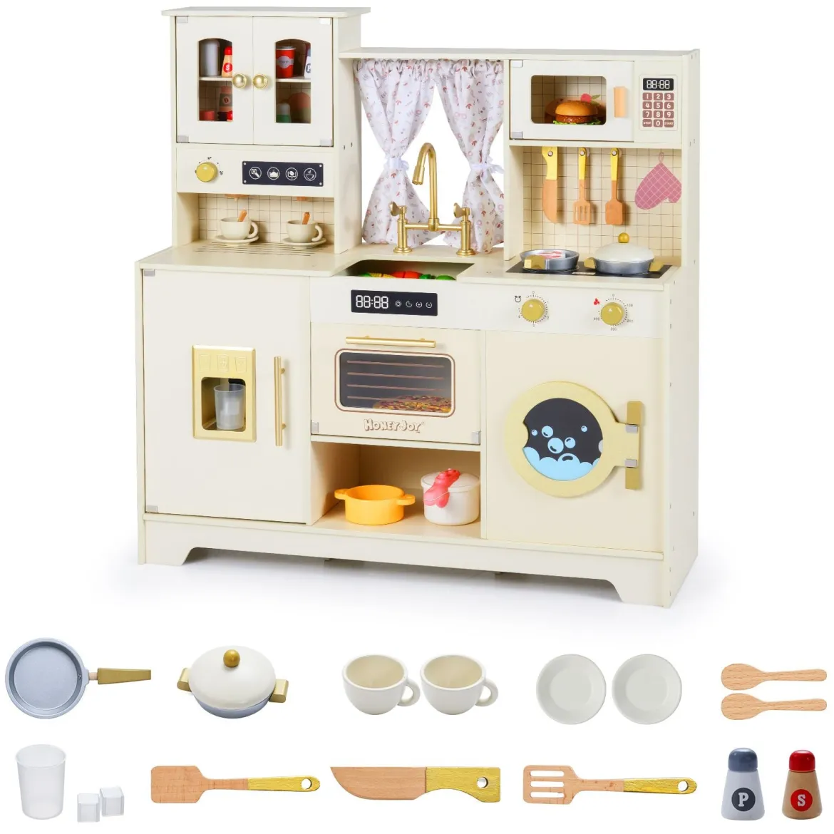 Kinder Spielküche Spielzeugküche mit Herdplatten Wasserhahn Spüle Kaffeemaschine Beige
