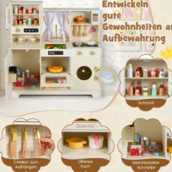 Kinder Spielküche Spielzeugküche mit Herdplatten Wasserhahn Spüle Kaffeemaschine Beige