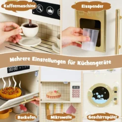 Kinder Spielküche Spielzeugküche mit Herdplatten Wasserhahn Spüle Kaffeemaschine Beige