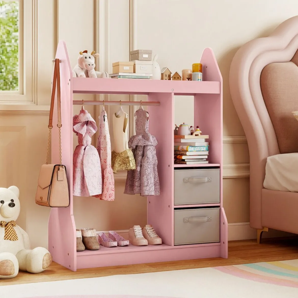 Kinderspiel-Kleiderschrank Spielzeug-Verkleidungscenter für Kinder mit Acrylspiegel Kleiderbügel Rosa