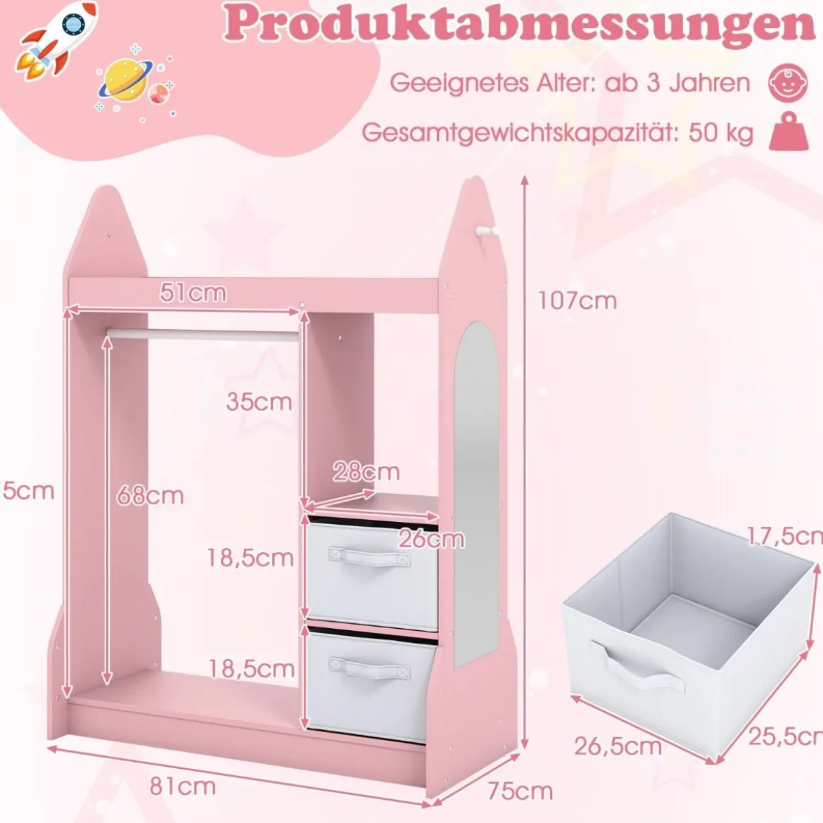 Kinderspiel-Kleiderschrank Spielzeug-Verkleidungscenter für Kinder mit Acrylspiegel Kleiderbügel Rosa
