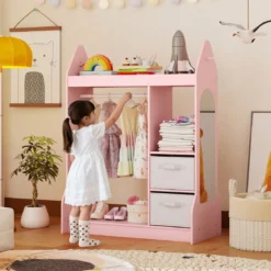 Kinderspiel-Kleiderschrank Spielzeug-Verkleidungscenter für Kinder mit Acrylspiegel Kleiderbügel Rosa