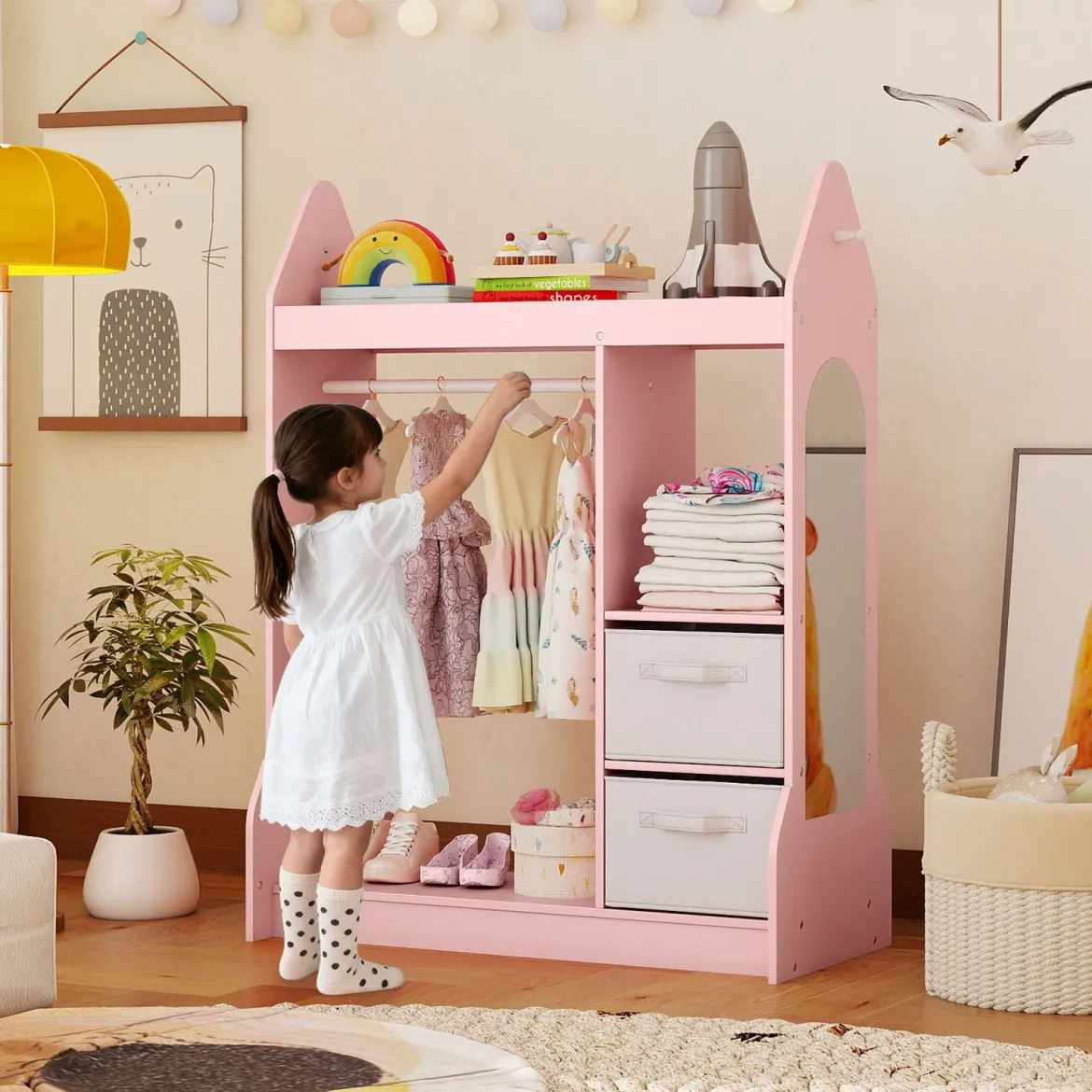 Kinderspiel-Kleiderschrank Spielzeug-Verkleidungscenter für Kinder mit Acrylspiegel Kleiderbügel Rosa