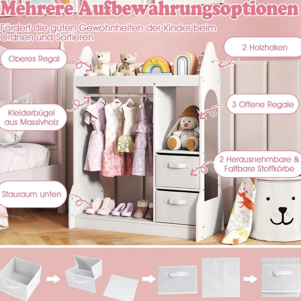 Kinderspiel-Kleiderschrank Spielzeug-Verkleidungscenter für Kinder mit Acrylspiegel Kleiderbügel Weiß