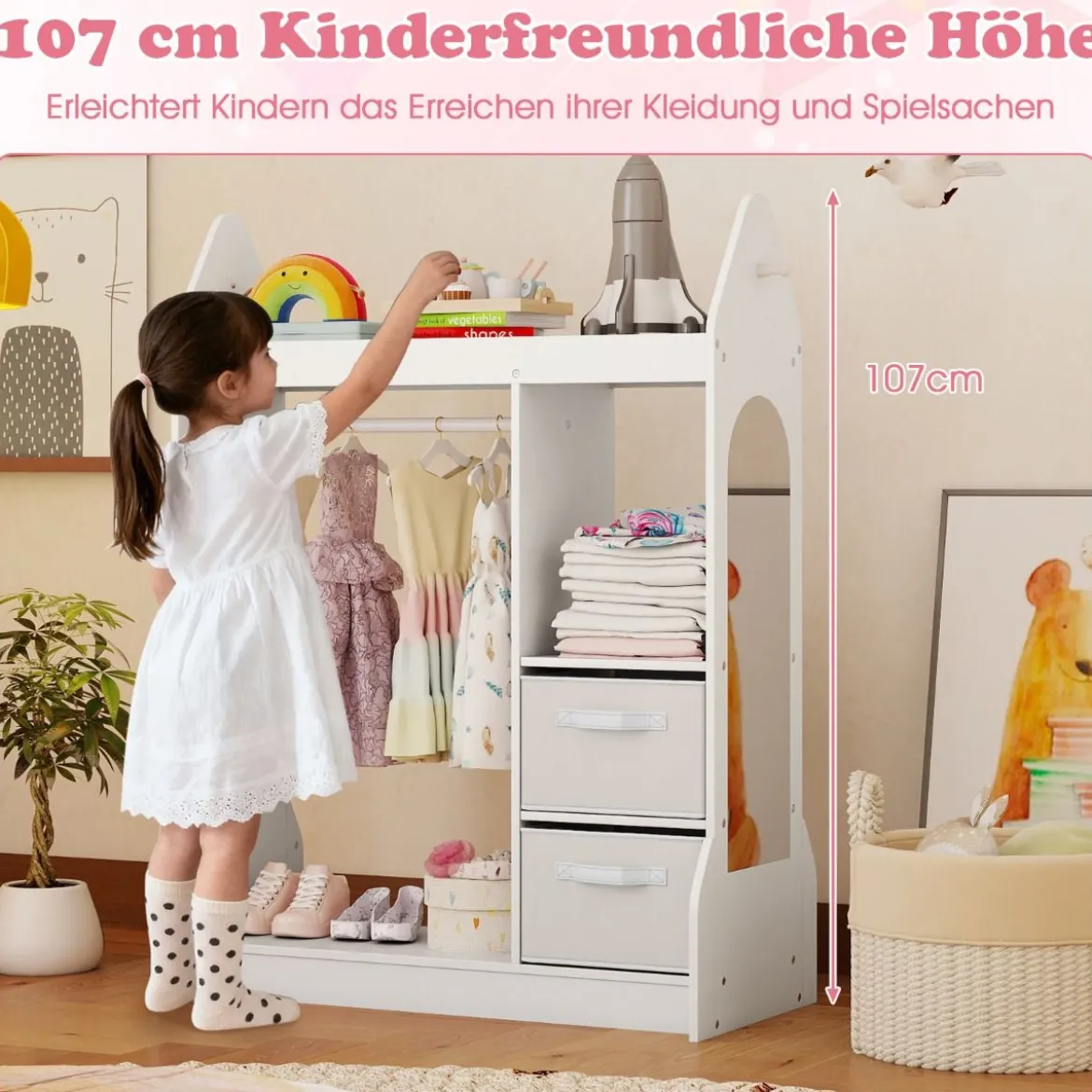 Kinderspiel-Kleiderschrank Spielzeug-Verkleidungscenter für Kinder mit Acrylspiegel Kleiderbügel Weiß