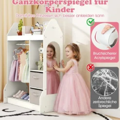 Kinderspiel-Kleiderschrank Spielzeug-Verkleidungscenter für Kinder mit Acrylspiegel Kleiderbügel Weiß