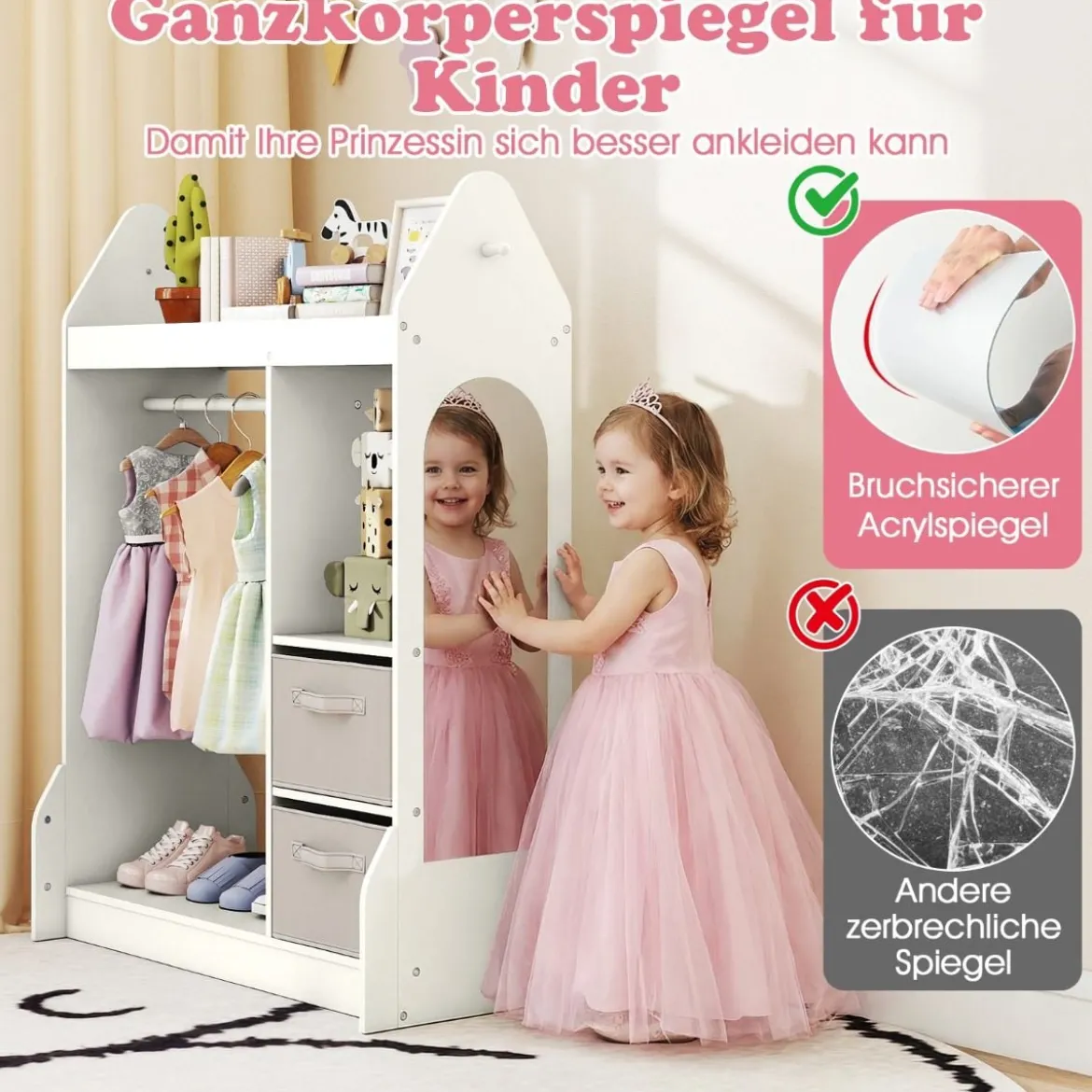 Kinderspiel-Kleiderschrank Spielzeug-Verkleidungscenter für Kinder mit Acrylspiegel Kleiderbügel Weiß