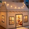 Kinderspielzelt mit Zusätzlichem Hinterhof Kinderspielhaus mit Gepolsterter Matte Beige + Braun