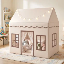 Kinderspielzelt mit Zusätzlichem Hinterhof Kinderspielhaus mit Gepolsterter Matte Beige + Braun