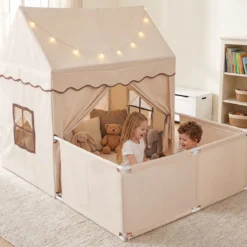Kinderspielzelt mit Zusätzlichem Hinterhof Kinderspielhaus mit Gepolsterter Matte Beige + Braun