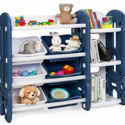 Kinder Spielzeugregal mit 6 Aufbewahrungsboxen und 4 Ablagen Eckregal aus Kunststoff Kinderregal 112 x 35 x 92 cm Blau