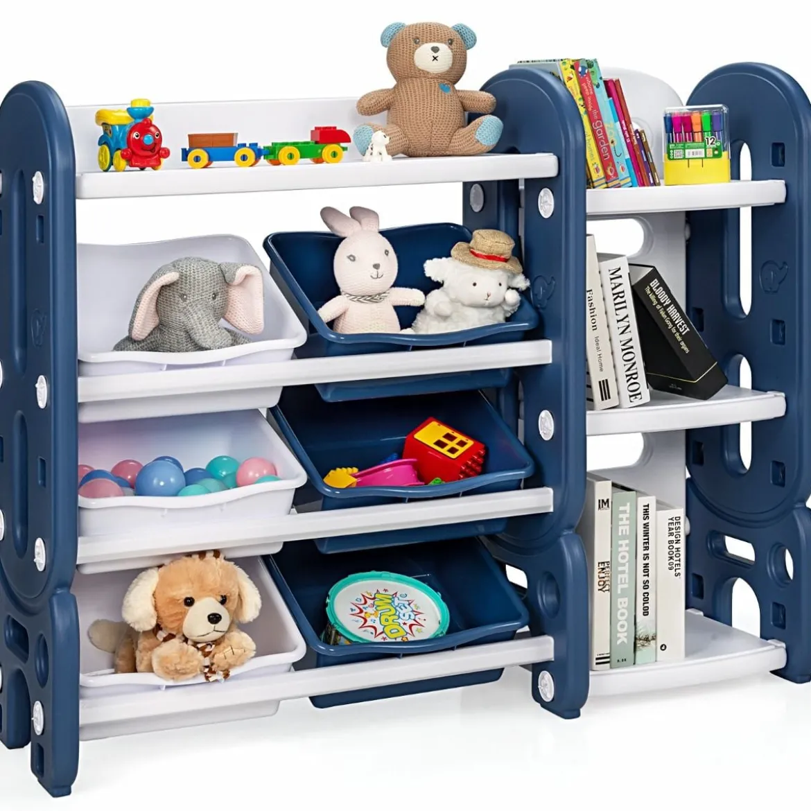Kinder Spielzeugregal mit 6 Aufbewahrungsboxen und 4 Ablagen Eckregal aus Kunststoff Kinderregal 112 x 35 x 92 cm Blau