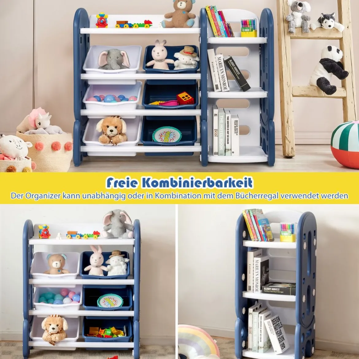 Kinder Spielzeugregal mit 6 Aufbewahrungsboxen und 4 Ablagen Eckregal aus Kunststoff Kinderregal 112 x 35 x 92 cm Blau