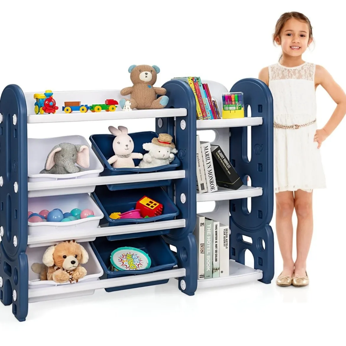 Kinder Spielzeugregal mit 6 Aufbewahrungsboxen und 4 Ablagen Eckregal aus Kunststoff Kinderregal 112 x 35 x 92 cm Blau