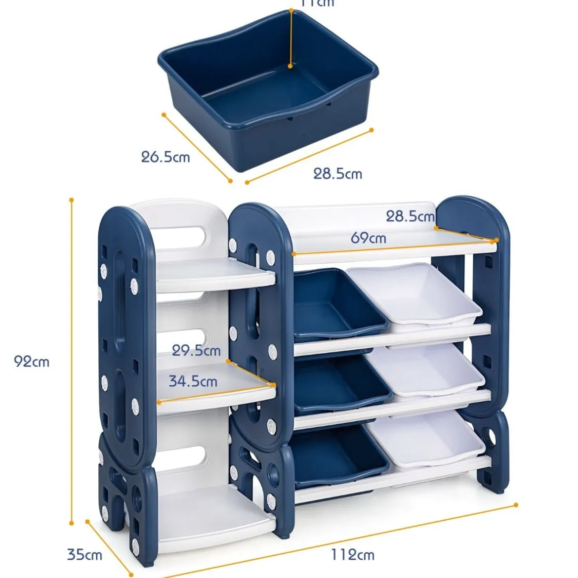 Kinder Spielzeugregal mit 6 Aufbewahrungsboxen und 4 Ablagen Eckregal aus Kunststoff Kinderregal 112 x 35 x 92 cm Blau