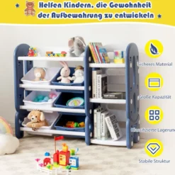 Kinder Spielzeugregal mit 6 Aufbewahrungsboxen und 4 Ablagen Eckregal aus Kunststoff Kinderregal 112 x 35 x 92 cm Blau