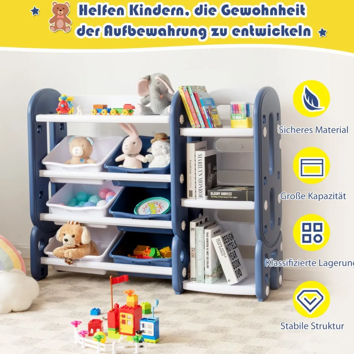 Kinder Spielzeugregal mit 6 Aufbewahrungsboxen und 4 Ablagen Eckregal aus Kunststoff Kinderregal 112 x 35 x 92 cm Blau